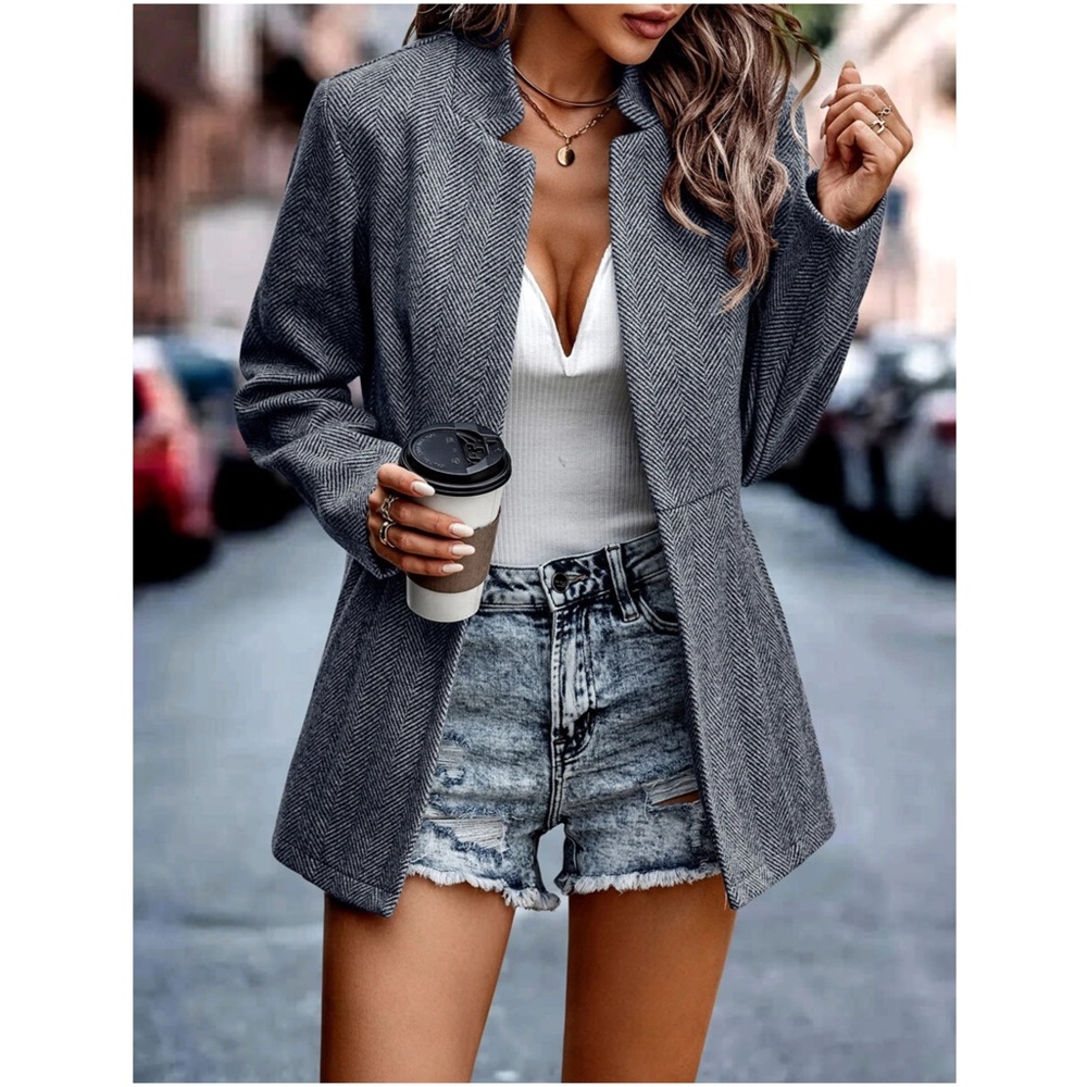 Classic Grey Herringbone Blazer Jacket Coat - Picture 4 of 12